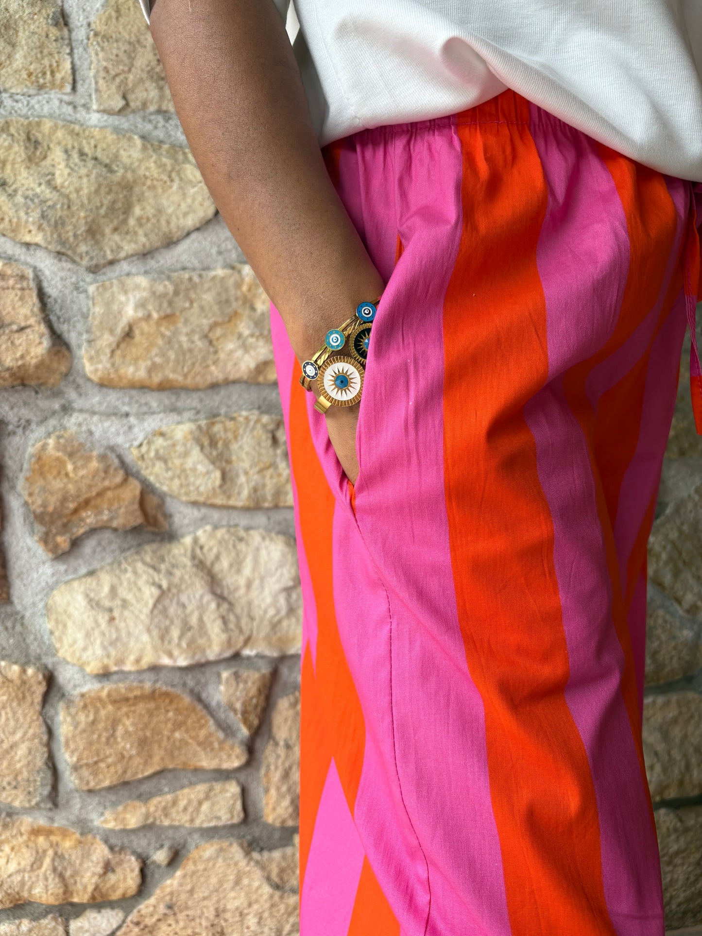 Pantalon Rayé Rose Et Orange