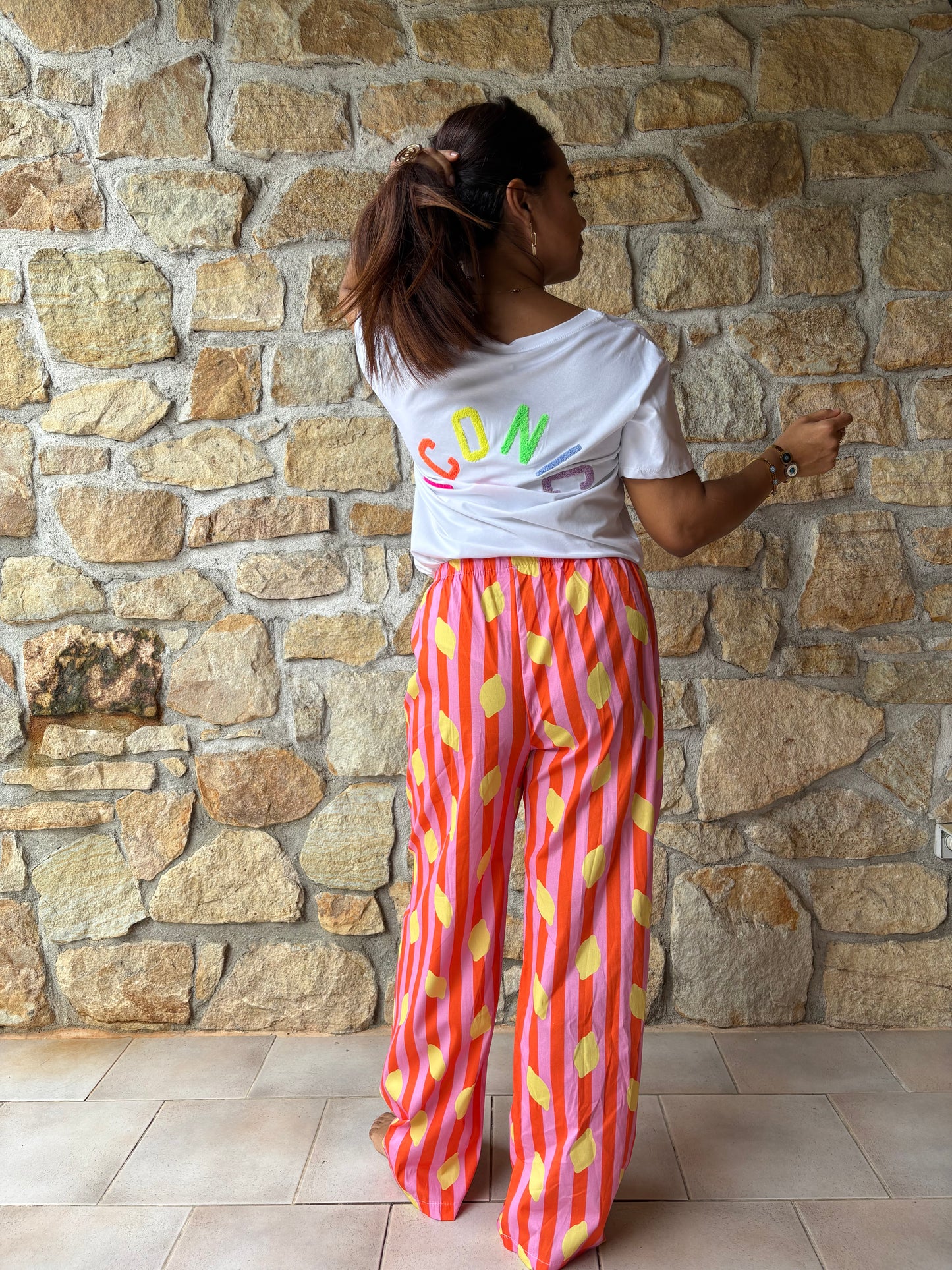 Pantalon Rayé Rose Et Orange Motif Citrons Jaune