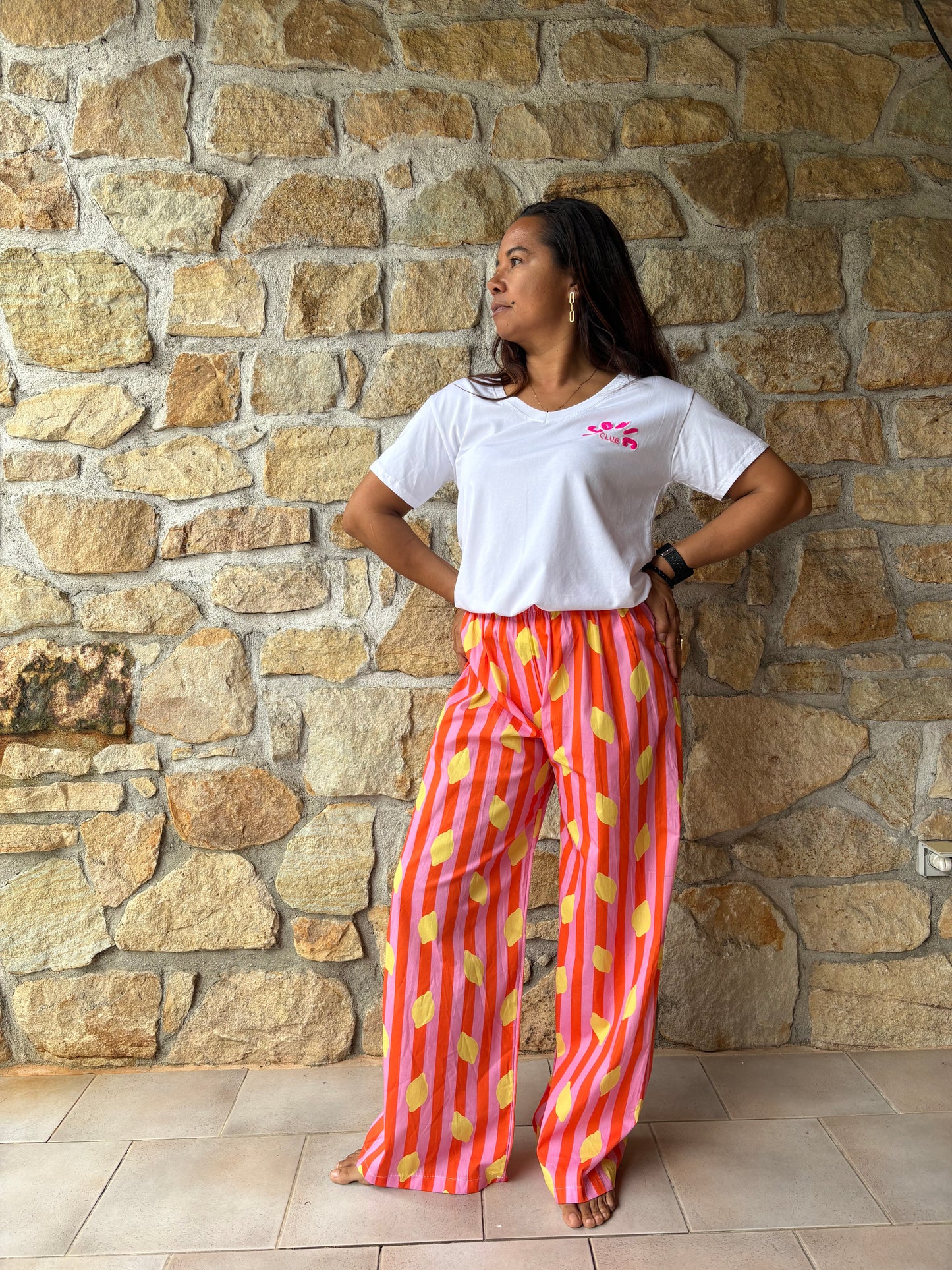 Pantalon Rayé Rose Et Orange Motif Citrons Jaune