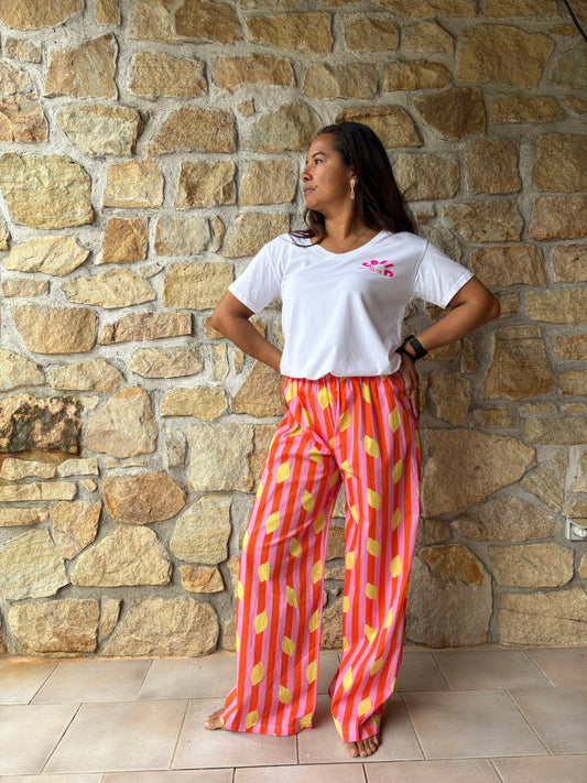 Pantalon Rayé Rose Et Orange Motif Citrons Jaune