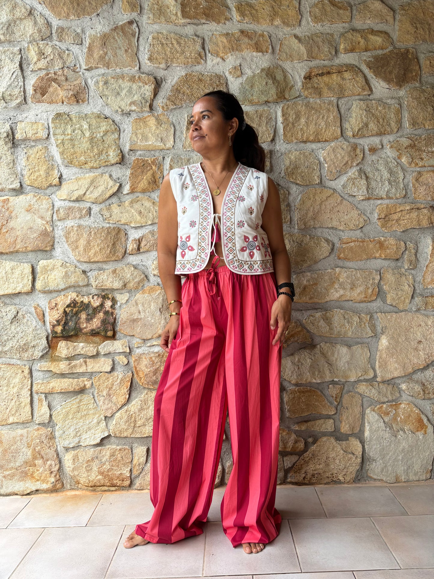 Pantalon Rayé Rose Et Bordeaux