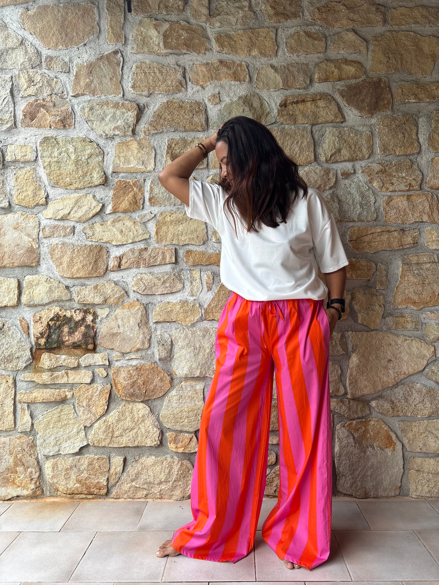 Pantalon Rayé Rose Et Orange