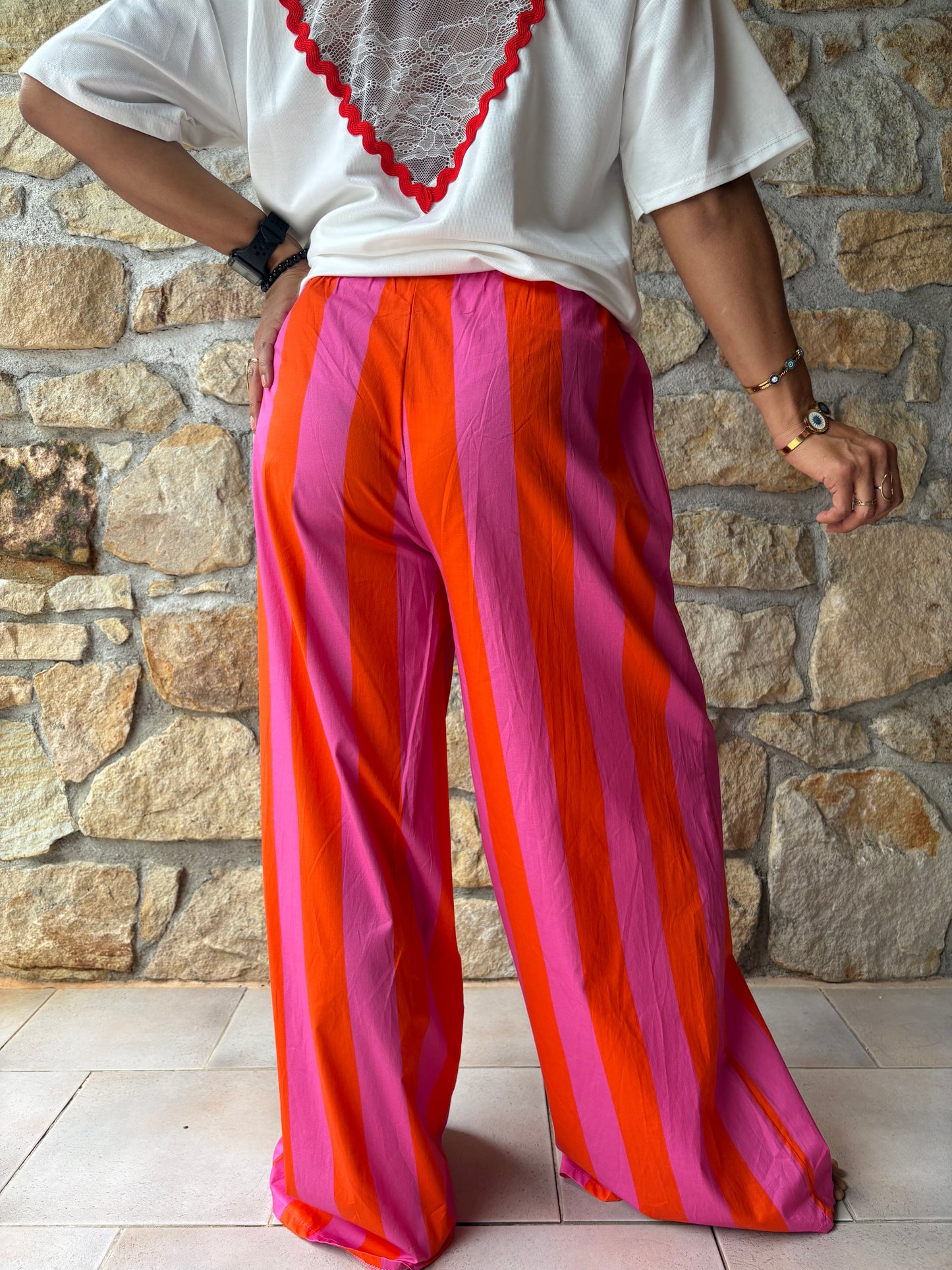 Pantalon Rayé Rose Et Orange