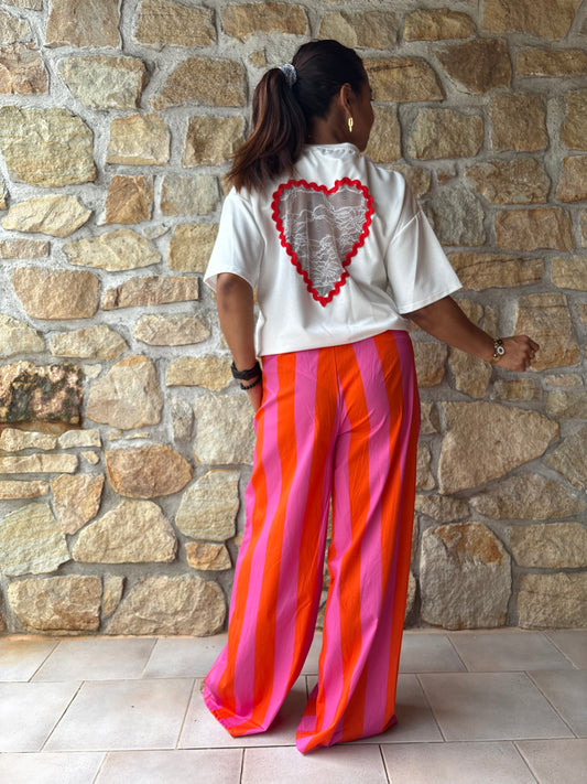 Pantalon Rayé Rose Et Orange